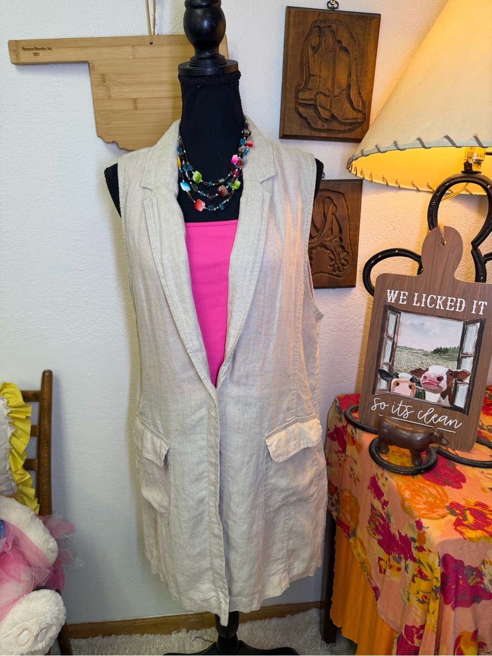 Tahari 100% Linen XL Beige Single Button Closure Split Hem Vest Blazer Pockets